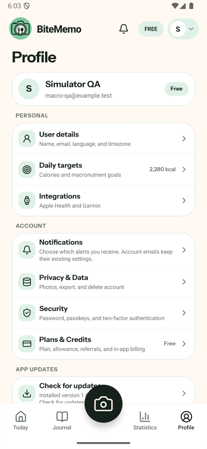 BiteMemo Android Profile with a sample account, daily targets, integrations, and account settings