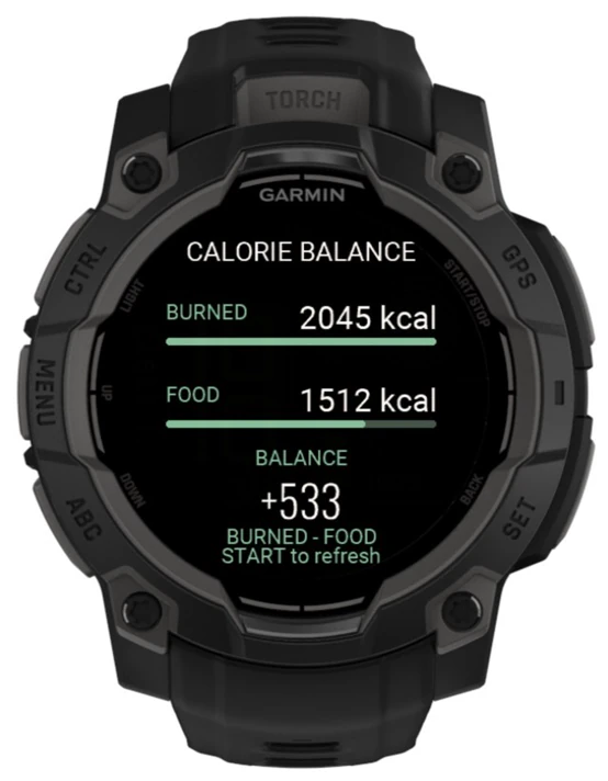 Garmin watch comparing calories burned with food calories in BiteMemo