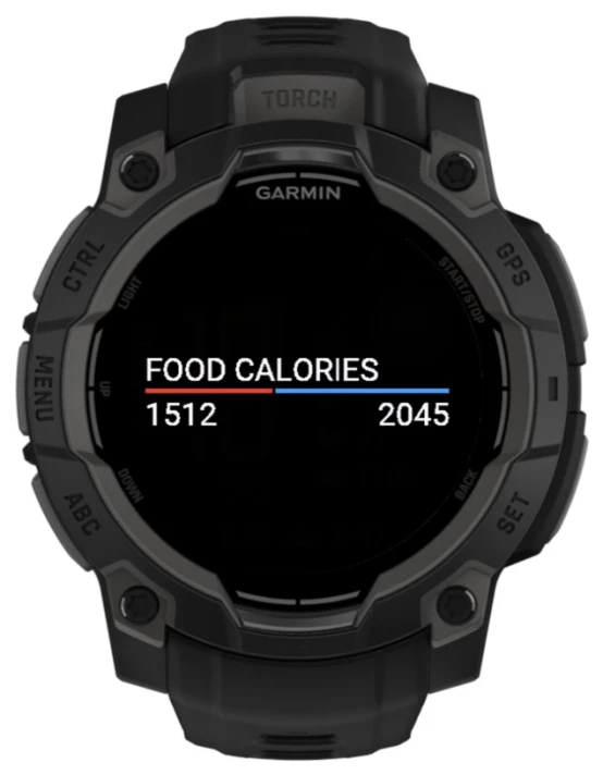 Updated BiteMemo Garmin glance showing food calories and calories burned with a red and blue comparison bar