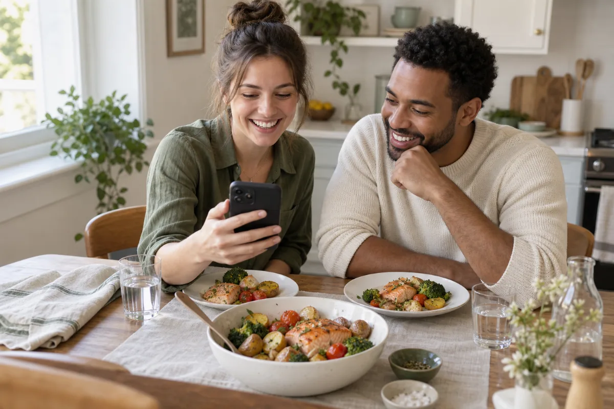 Two friends sharing lunch and looking at a phone together