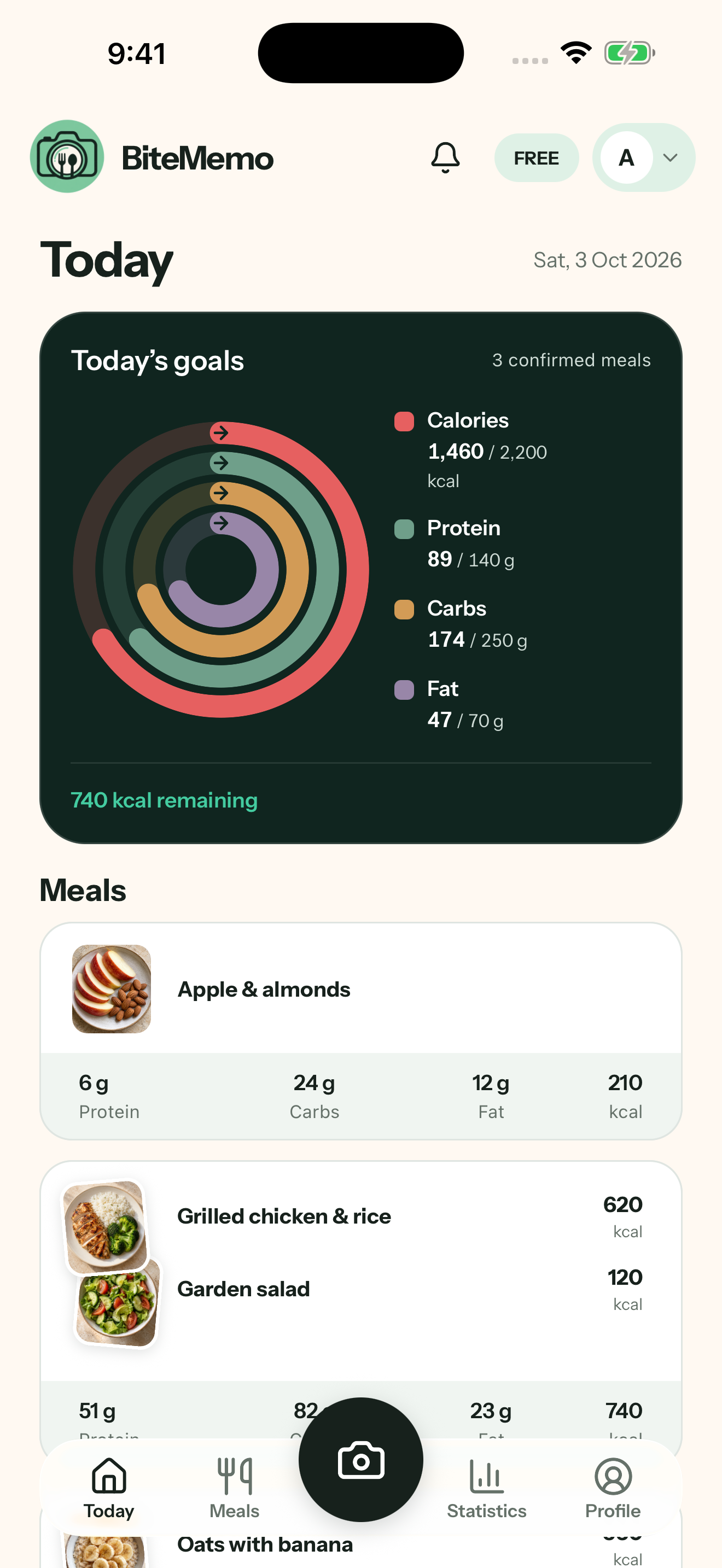 Updated BiteMemo iPhone Today screen with daily calories, macro targets, and sample meals