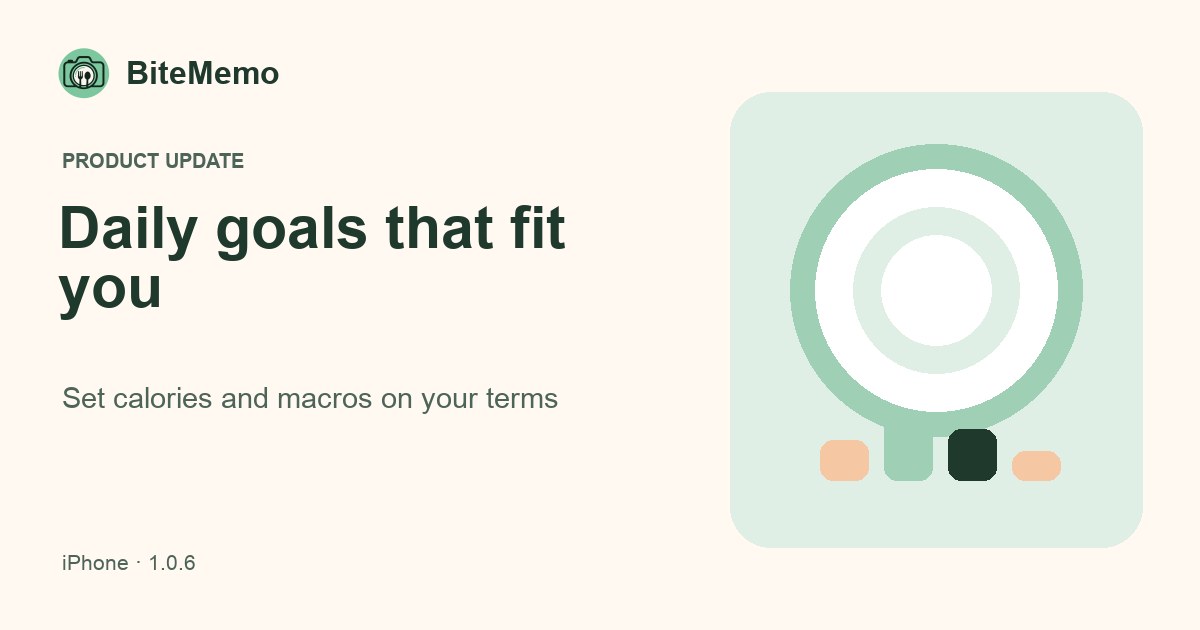 Illustration of a target and nutrition bars beside the BiteMemo daily goals update.